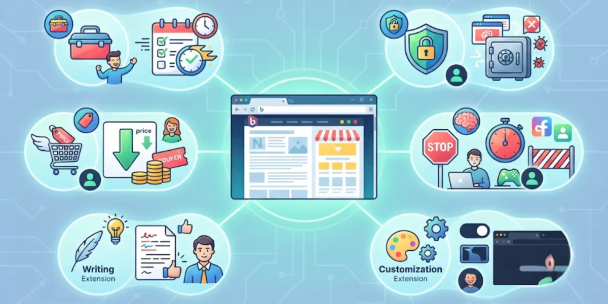 A browser window surrounded by icons illustrating different extension features: privacy protection, shopping discounts, distraction blocking and customisation