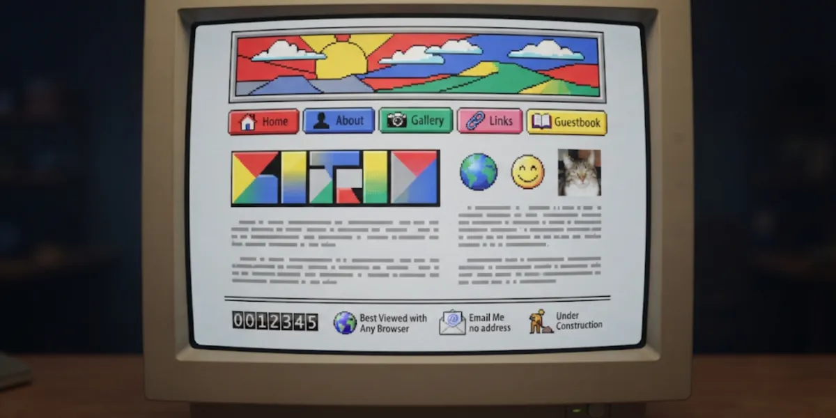 An old CRT monitor displaying a personal web page from the early days of the internet, with colourful navigation buttons, a hit counter and animated "under construction" graphics